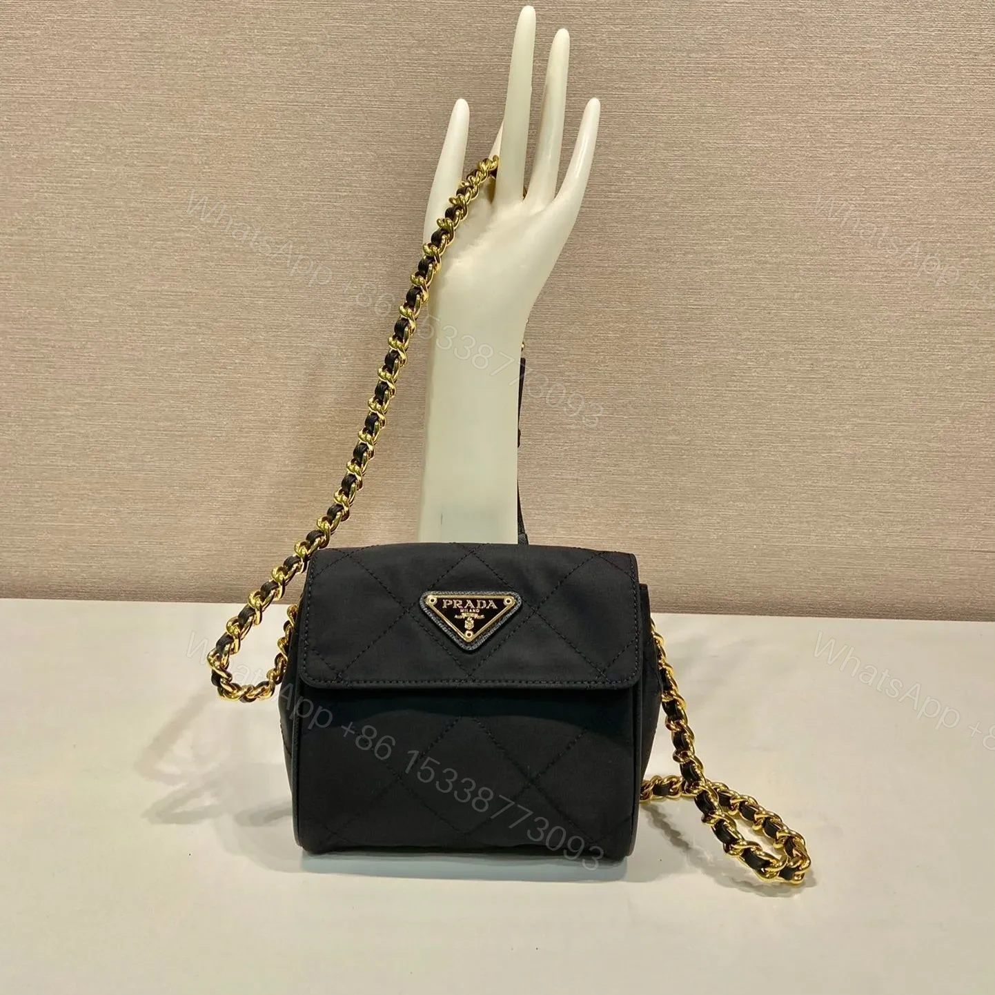 MINI QUILTED FLAP BAG 14 IN BLACK RE-NYLON FABRIC GOLD CHAIN — view 1