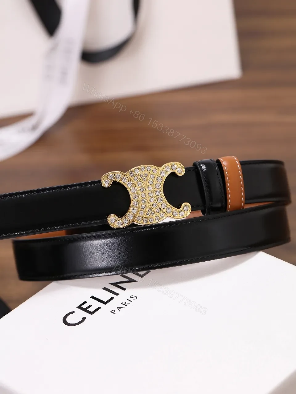 View 8 of Black Leather Belt with Gold Crystal Clasp Belt