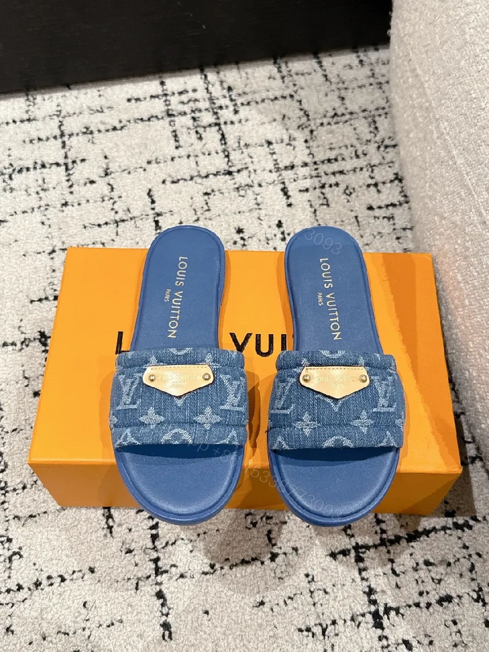 Denim Monogram Slide with Gold Plaque: Modern Luxe Comfort — view 1