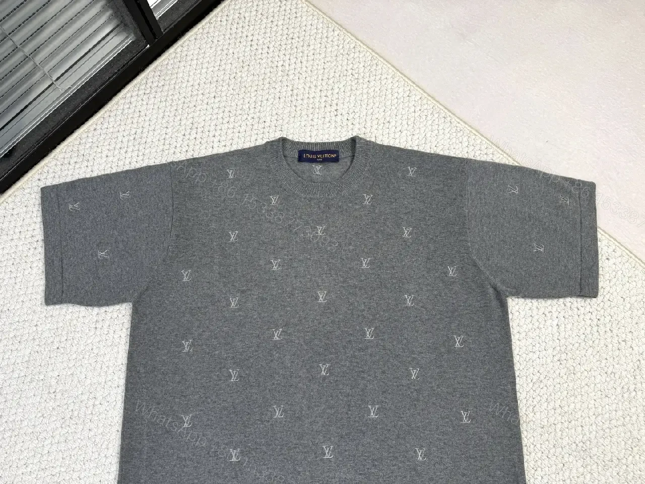 View 4 of Charcoal Knit Crewneck Sweater: Subtle Logo Texture, All-Season Comfort