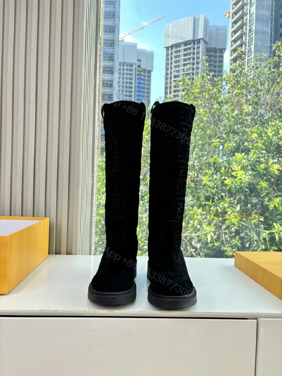 View 3 of Black Suede-Like Knee Boots with Signature Pattern Calf-Height Glam