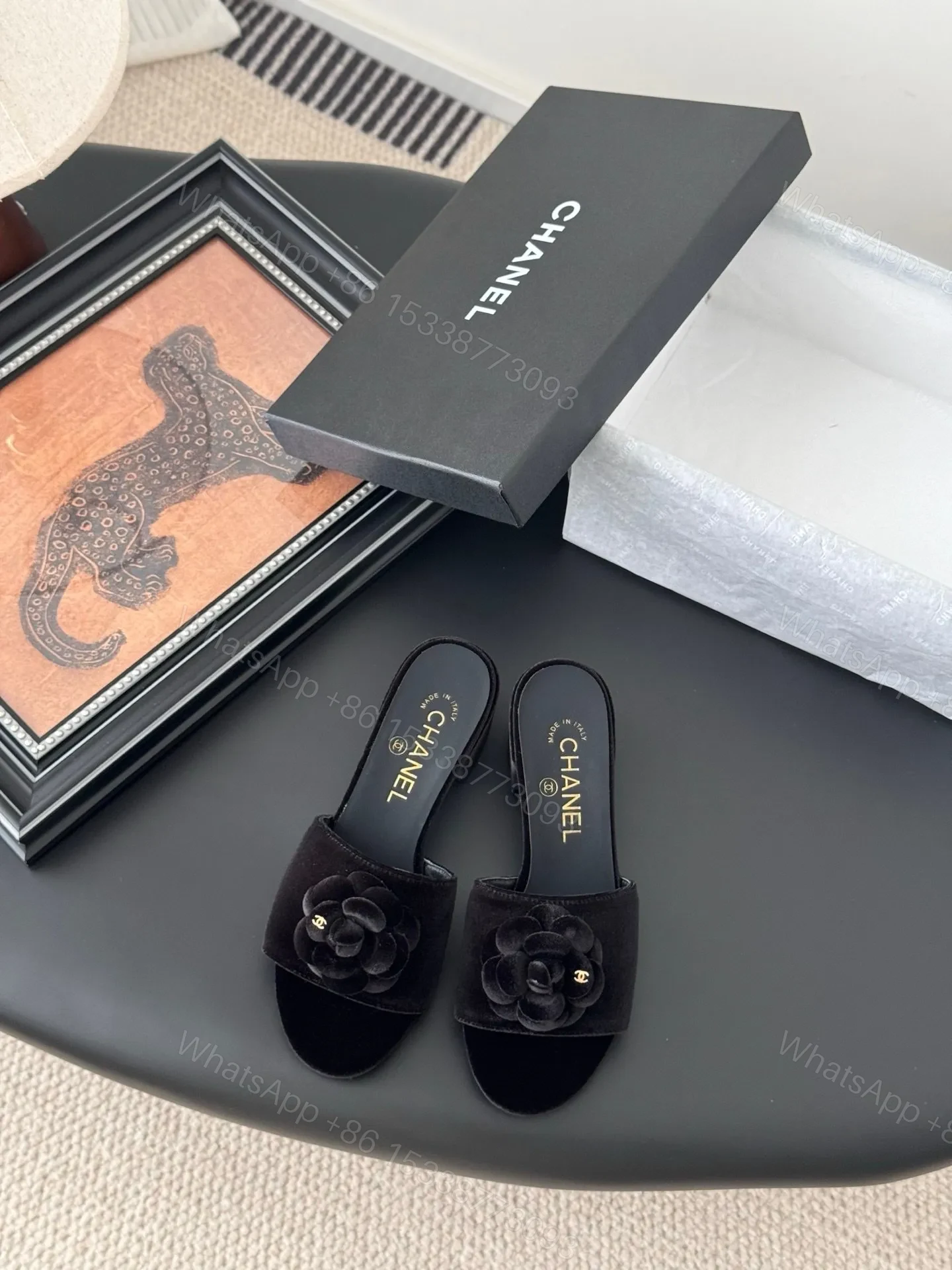 Chanel Women Black Velvet Flower Embellished Mules — view 1
