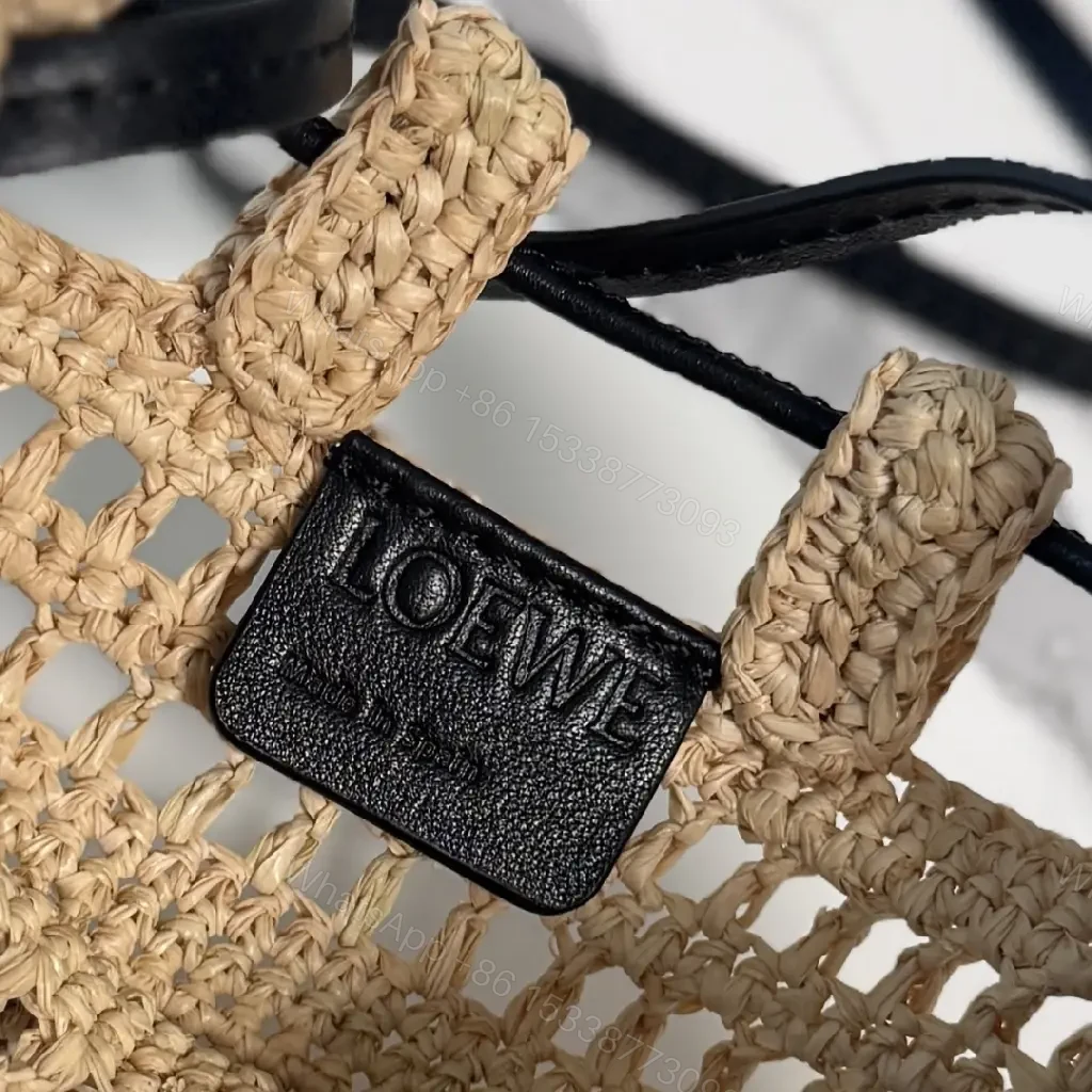 View 5 of Beige Straw Crochet Bag with LOEWE Logo Drawstring Tote