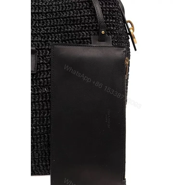 View 3 of Chic Black Woven Bucket Bag with Gold YSL Accent