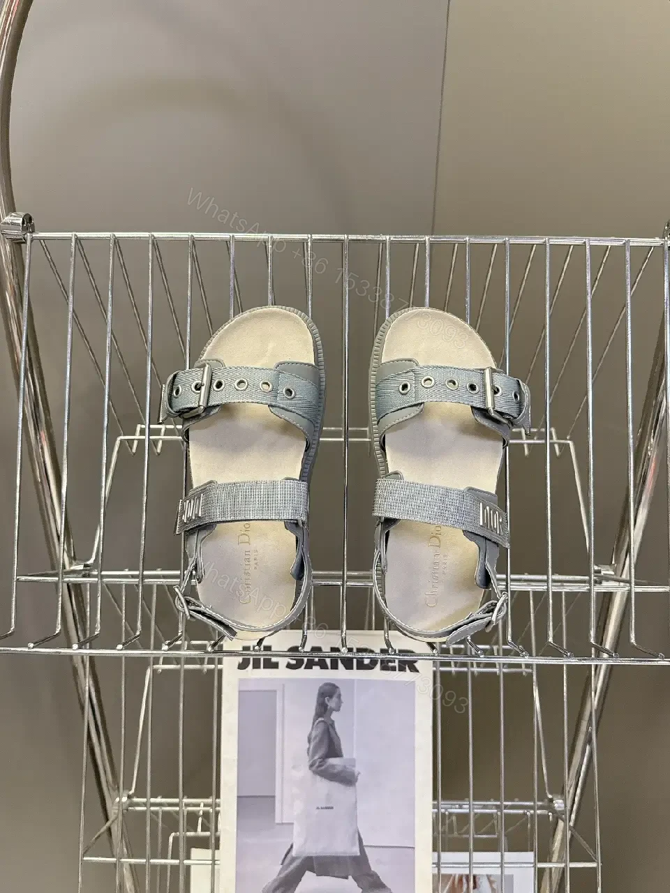 View 3 of Gray Leather Sandals with Cork Footbed & Buckle Straps (Dior Style)