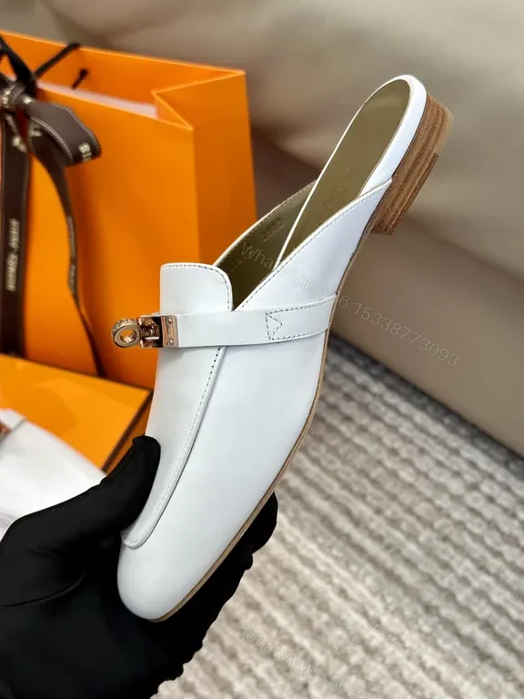 View 9 of White Leather Mule with Gold Horsebit - Premium Calfskin Slip-On