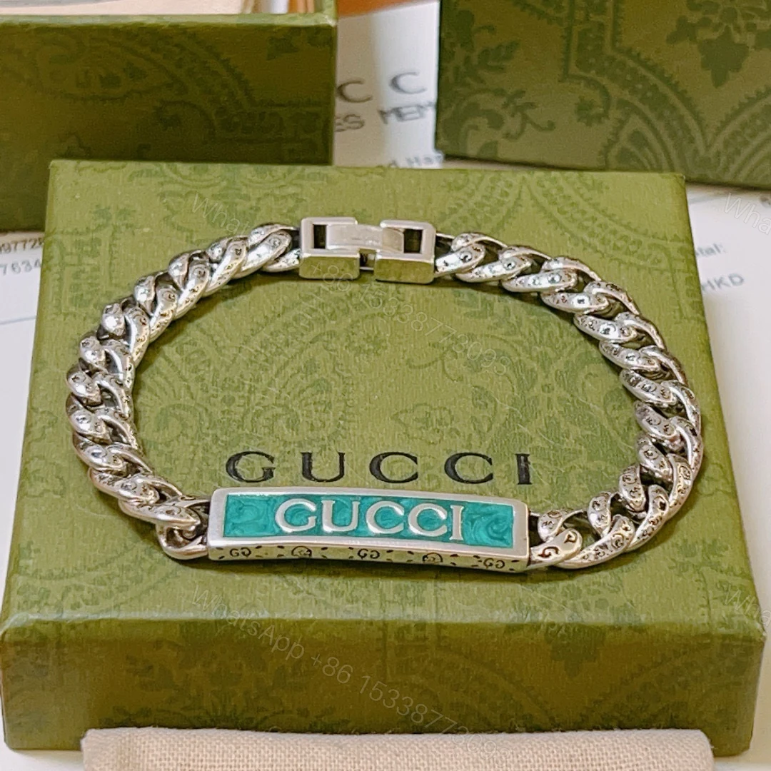 Gucci一比一復古銀鍊手鍊 綠松石浮雕品牌字樣設計款 — view 1