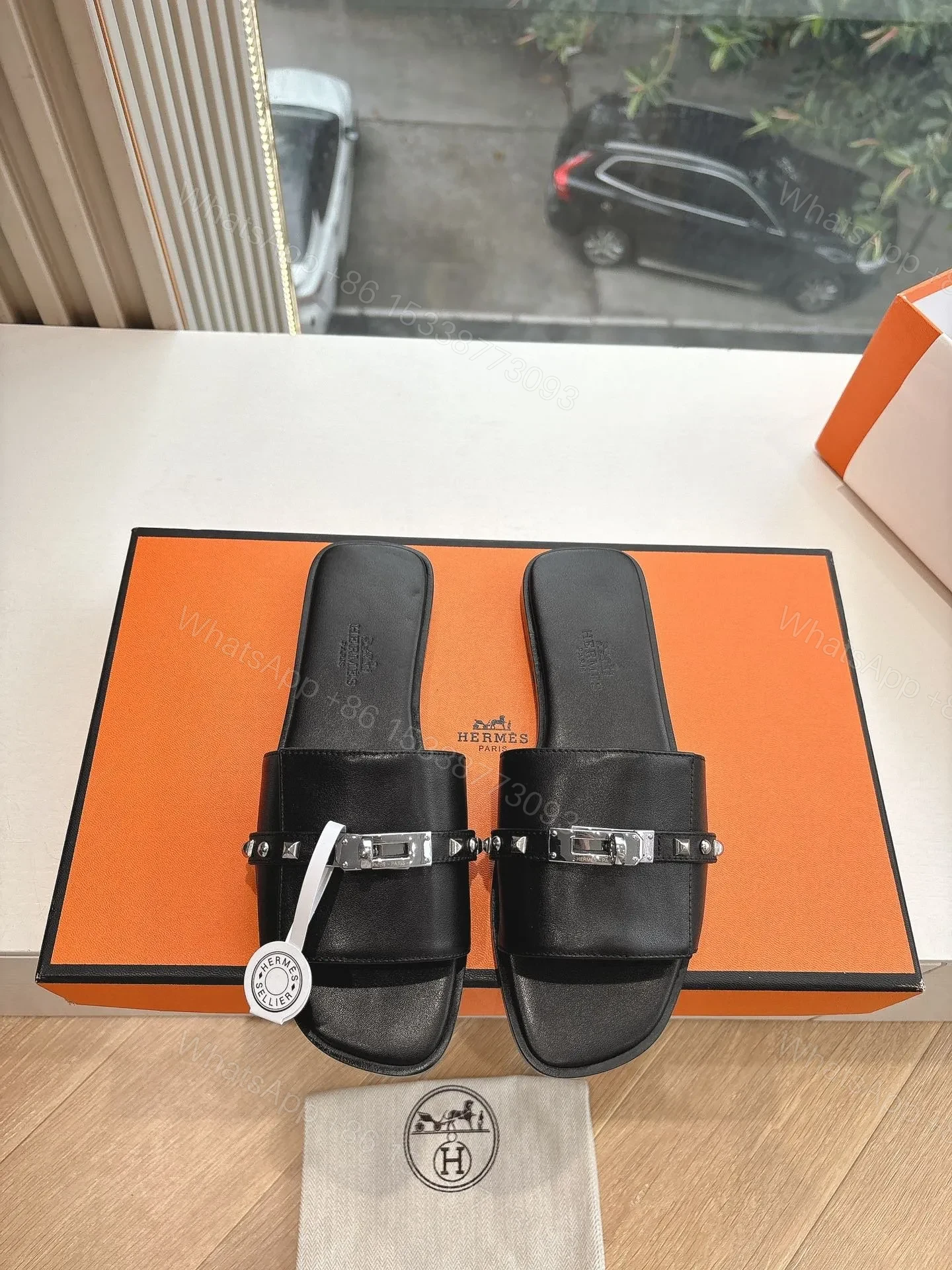 Hermes Women Black Leather Slide Sandals — view 1
