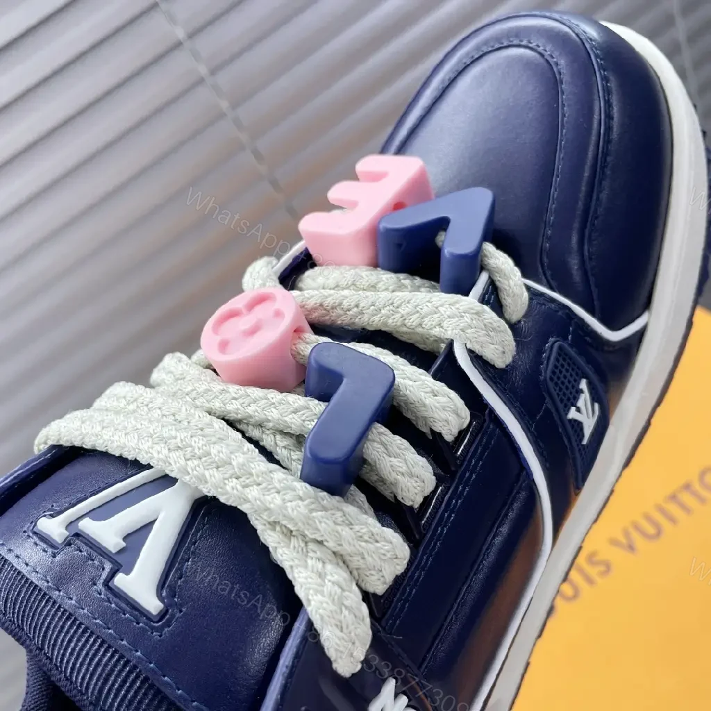 View 7 of Navy Leather High-Top Sneakers with Charms and LV-Inspired Accents