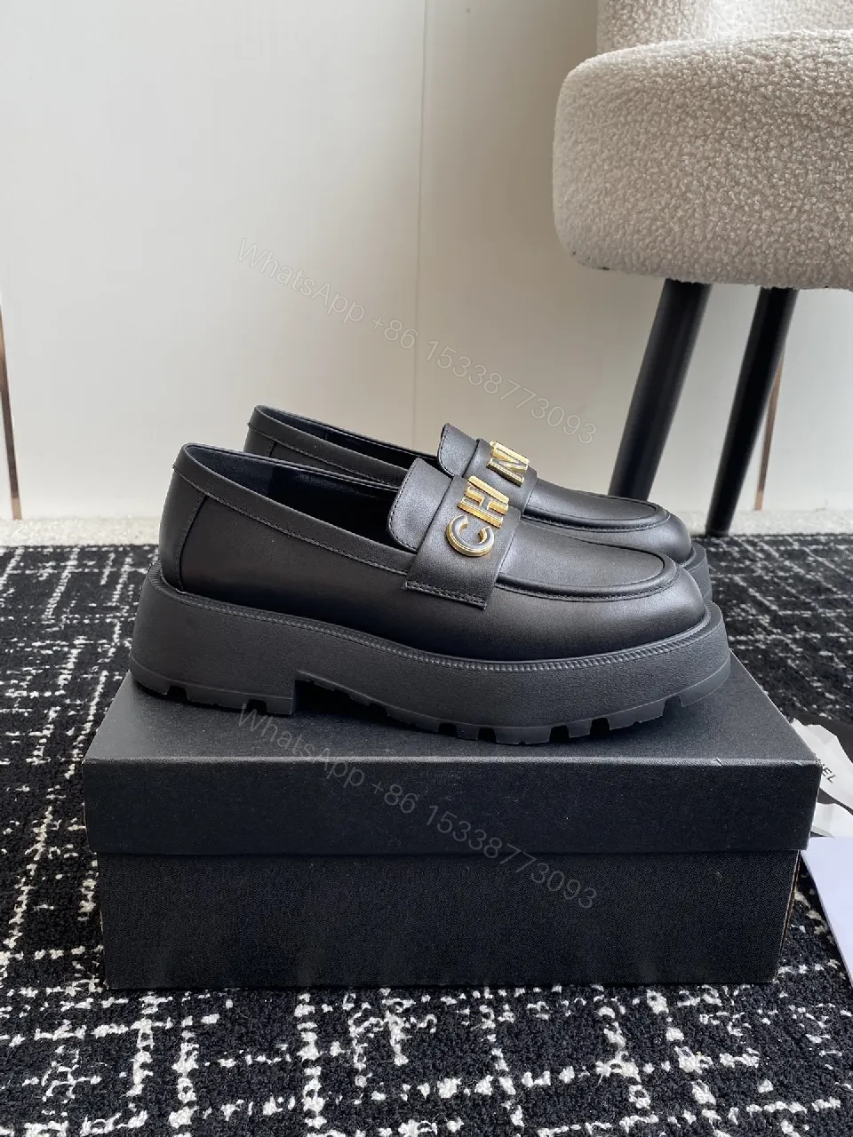 View 6 of Black Leather Loafers with Oversized Gold Logo, Luxe-Edged, Slip-On Shoes