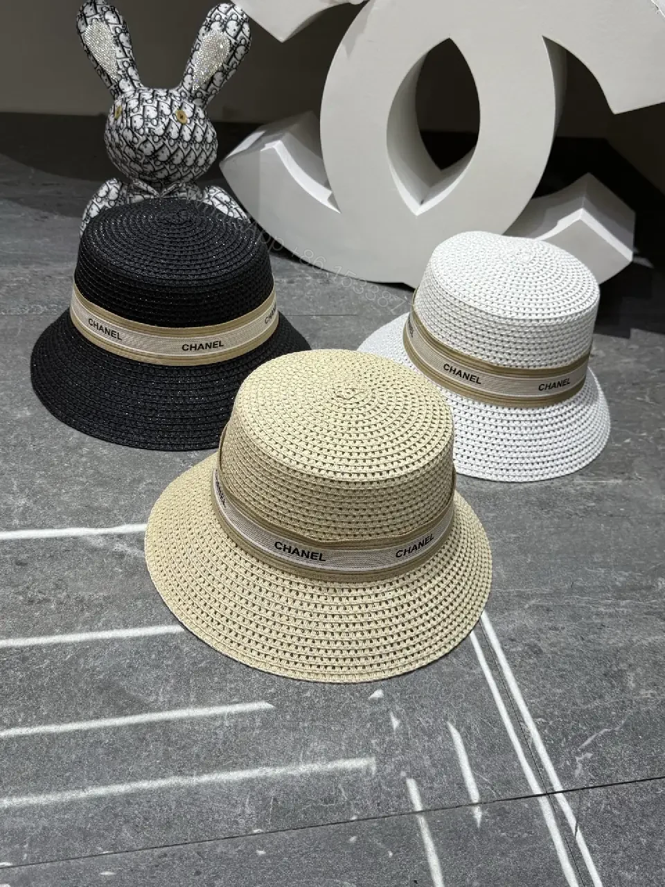 View 2 of Black/White Beigewide Fedora Hat with Chanel Band, Straw