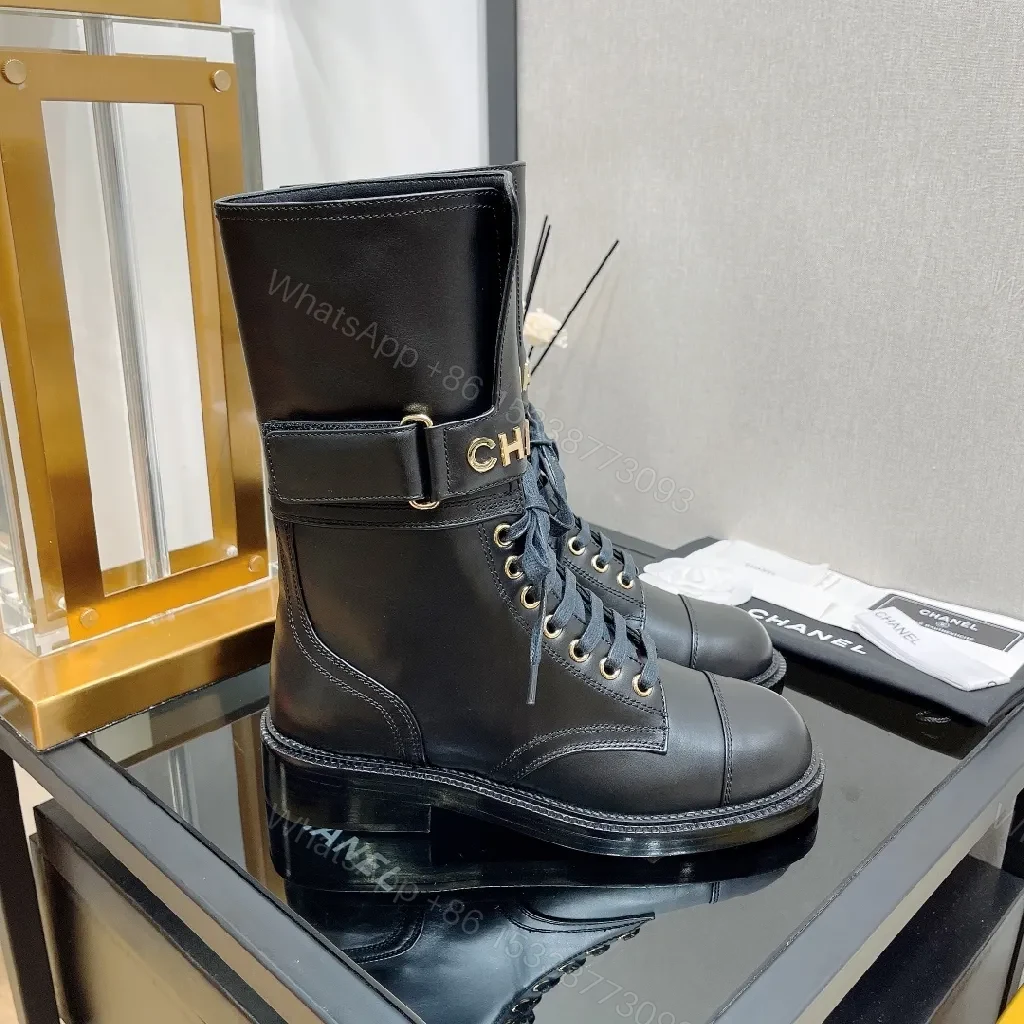 View 2 of Black Leather Combat Boots with Gold Hardware, Lug Sole, Cushioned Comfort