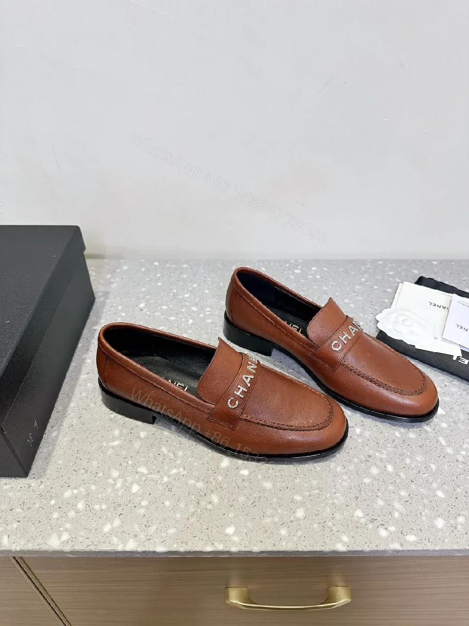 View 8 of Caramel Leather Moccasin Loafers with Band Accent