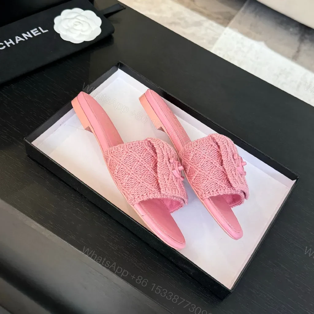 View 7 of Pink Knit-Trim Slides: Plush Couture-Inspired Comfort
