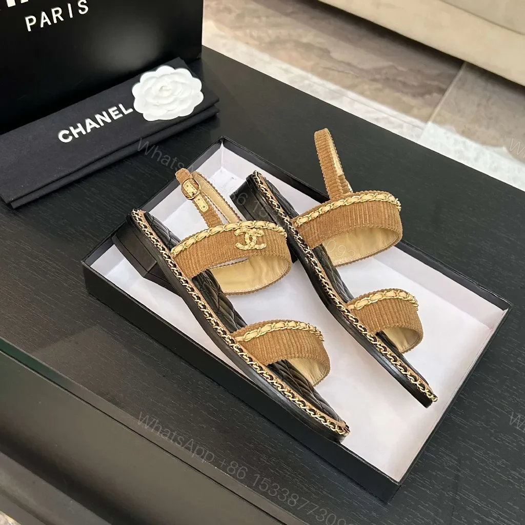 View 7 of Textured Sandals: Quilted Footbed, Gold Chain Detailing, Neutral Tan