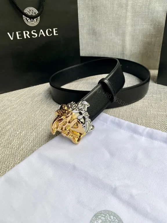 View 4 of Polished Dual-Tone Medusa Belt â€” Luxe Calfskin, Versace Luxury Belt