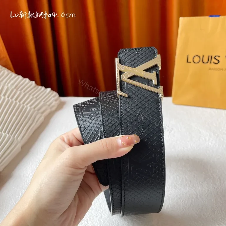 View 2 of Refined Black Textured Leather Belt with Gold LV Buckle