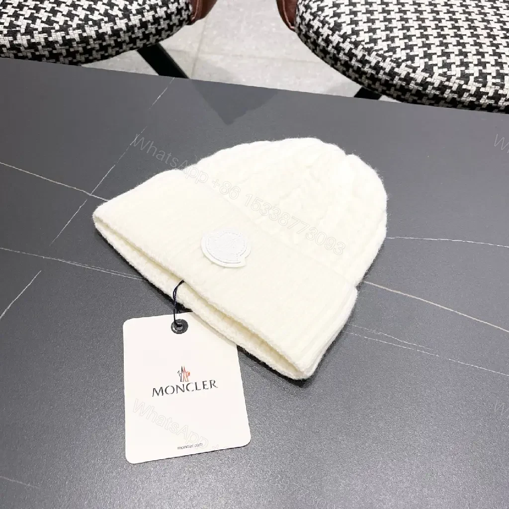 View 8 of White Knit Beanie: Premium Ribbed Cuff, Luxury Badge, Warmth