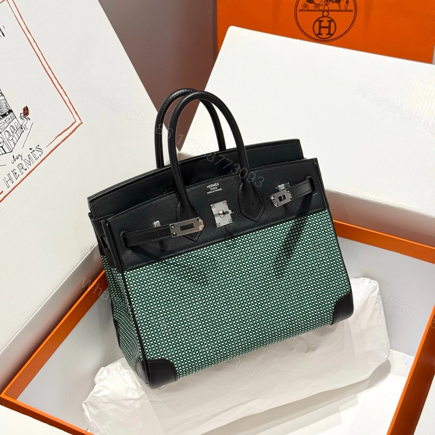 HERMES BIRKIN 25CM IN BLACK SWIFT BLACK/MINT/BLANC TOILE CANVAS (CUSTOM-MADE) — view 1