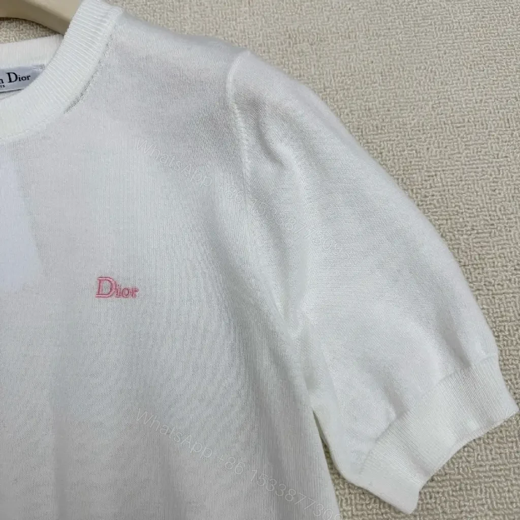 View 9 of White Cotton Knit T-Shirt Dior Logo Minimalist Style