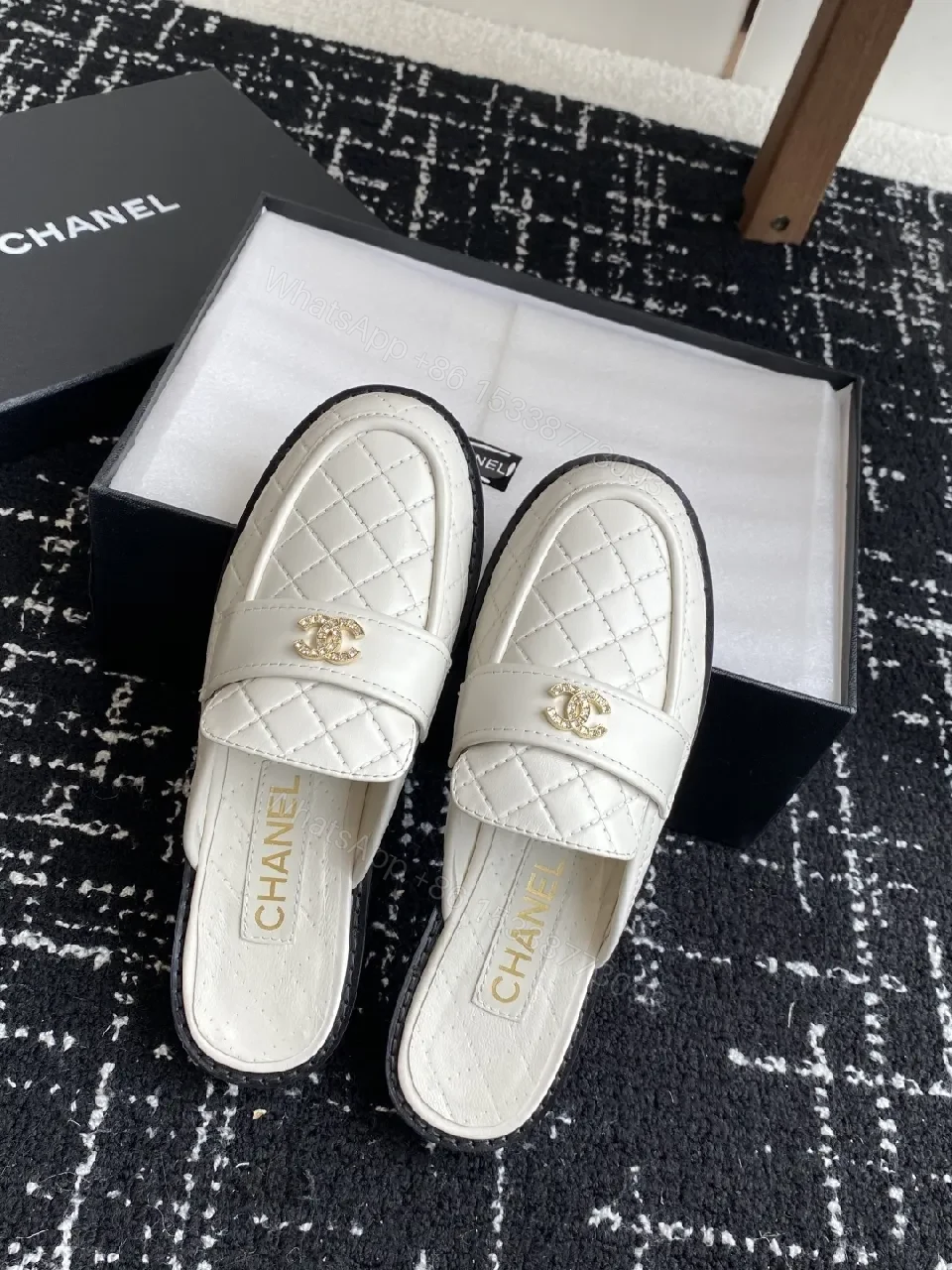 View 5 of Quilted White Leather Slides - Gold Hardware Luxury Slip-Ons