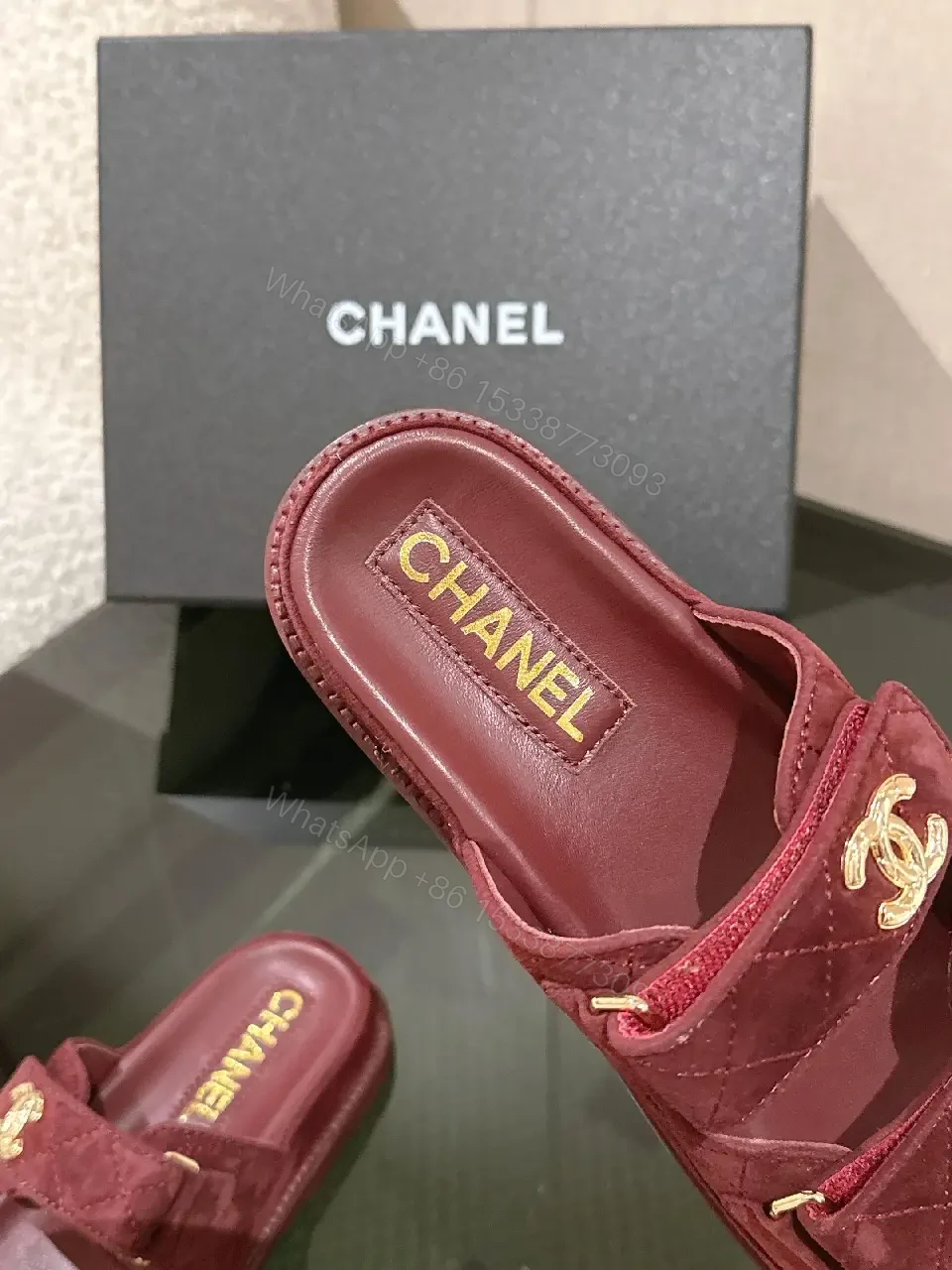 View 10 of Velvet Burgundy Slide Sandals – Luxe Comfort, Gold Hardware