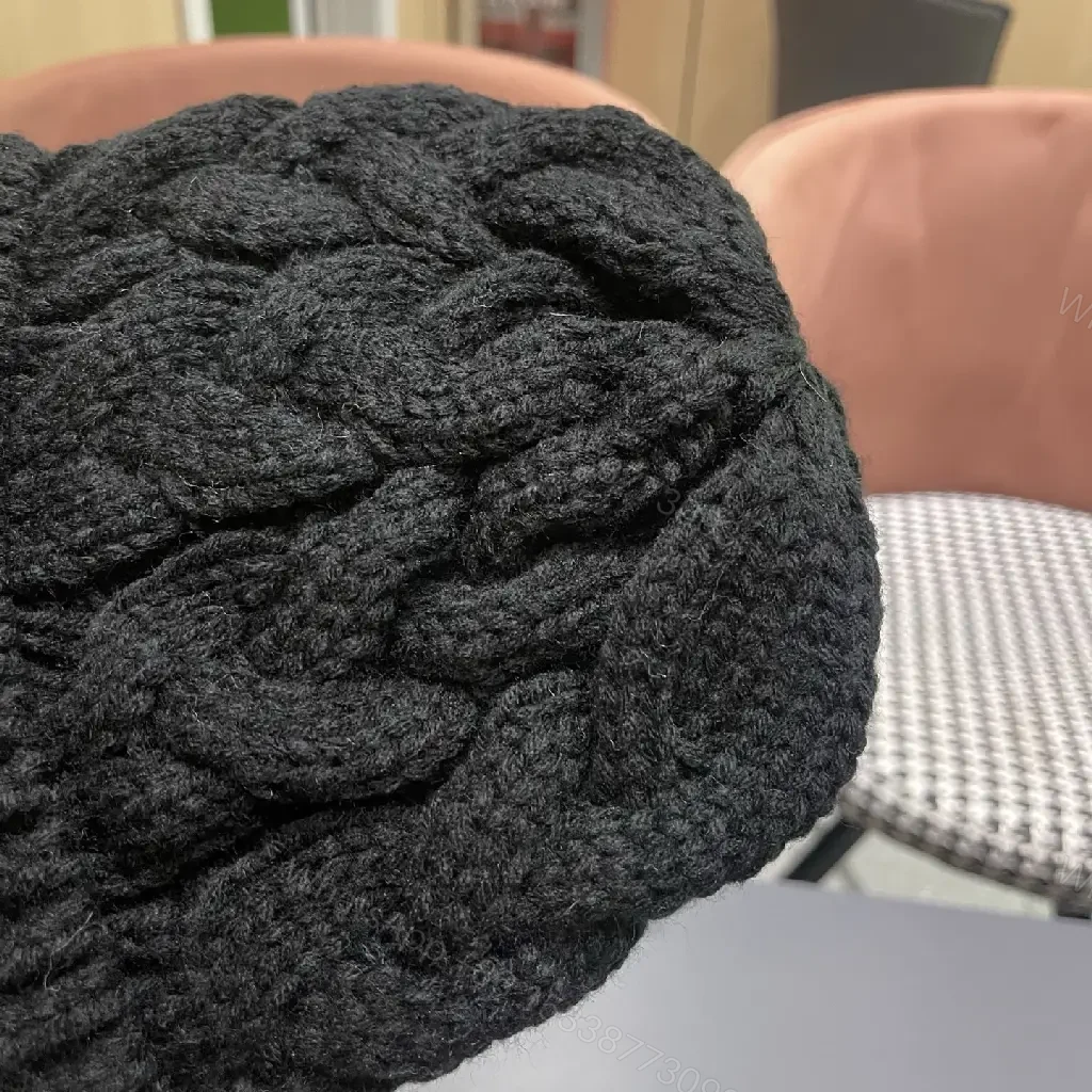 View 7 of Textured Knit Beanie: Black Braided Crown, Discreet Embroidery
