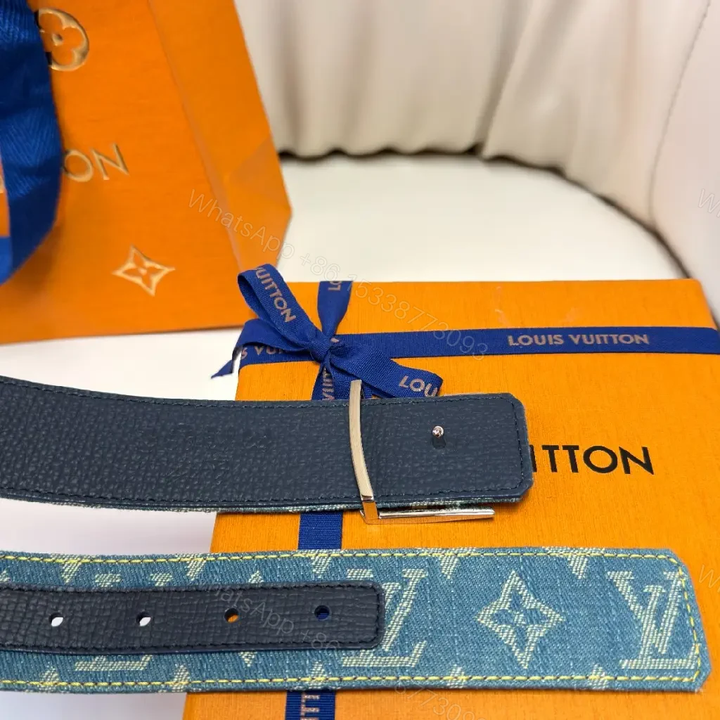 View 6 of Denim-Texture Belt with Gold Buckle - Casual Luxury Accessory