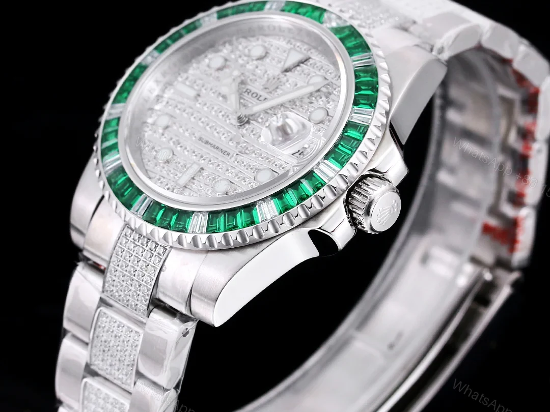 View 7 of Rolex Submariner Green Baguette Diamond Replica 42MM Premium Meteorite Dial Pavé Oyster Bracelet RG-ROLEX-SUB-GREEN-BAGUETTE-42