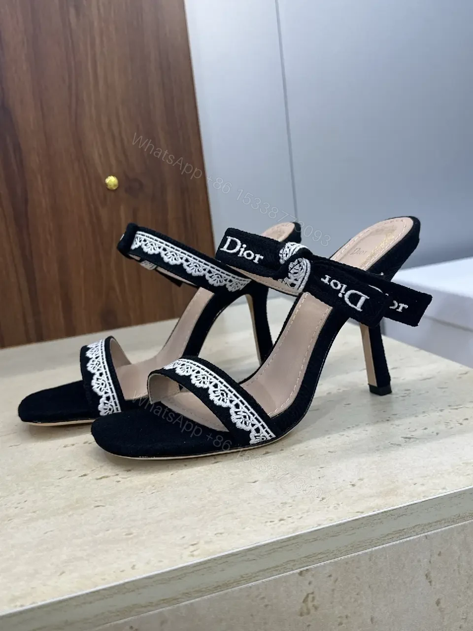 View 4 of Black Patent Lace-Trim Sandals with Dior Band, Open-Toe Heels