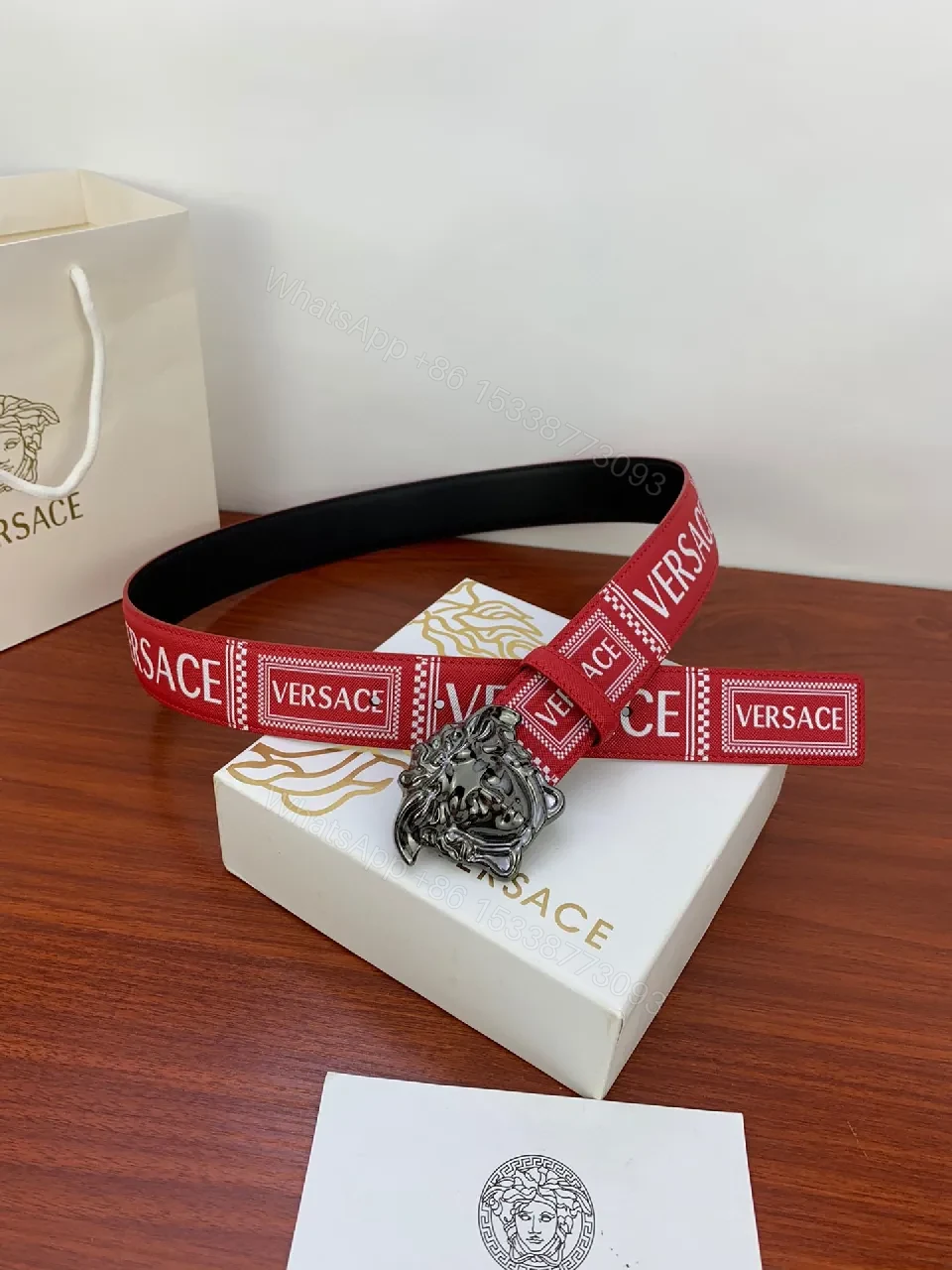 View 4 of Bold Red Belt with Medusa Buckle — Street-Ready Luxury