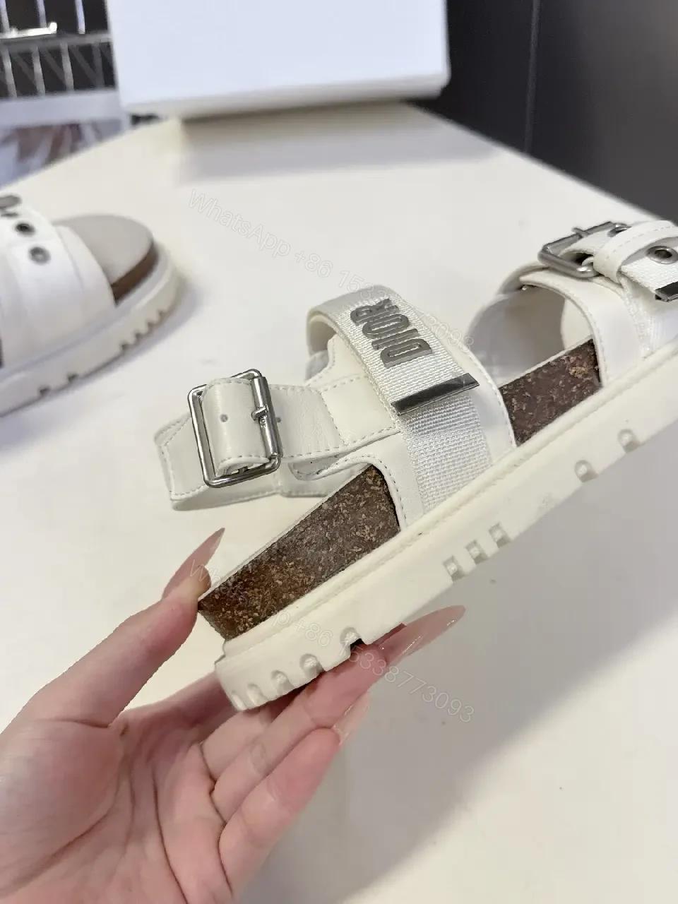 View 7 of White Leather Sandals, Combat Buckle, Dior Inspired Style, Open Toe Sandals