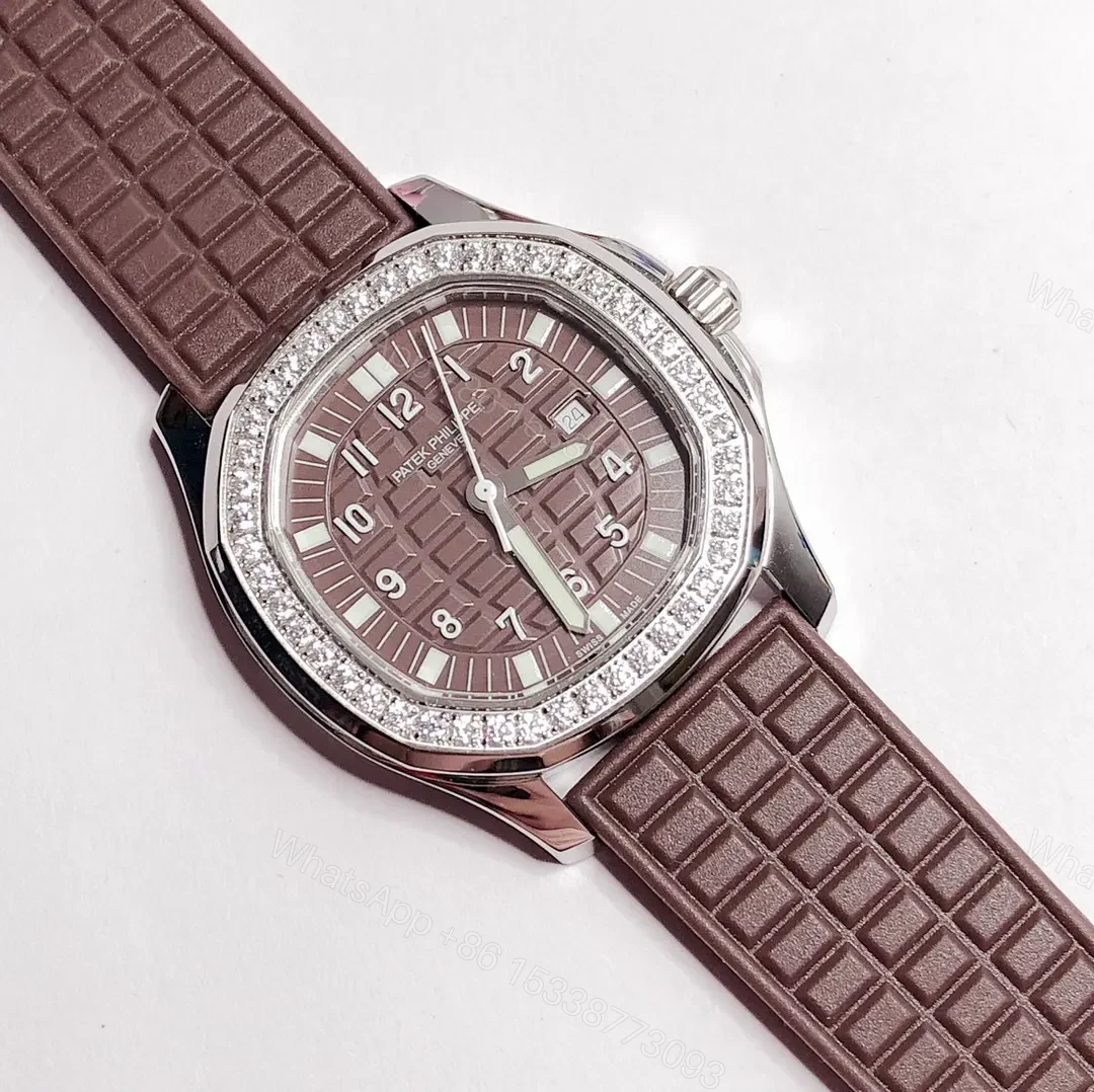View 3 of Patek Philippe Aquanaut Series Rose Gold Mechanical Women’s Watch with Swarovski Crystals and Brown Rubber Strap