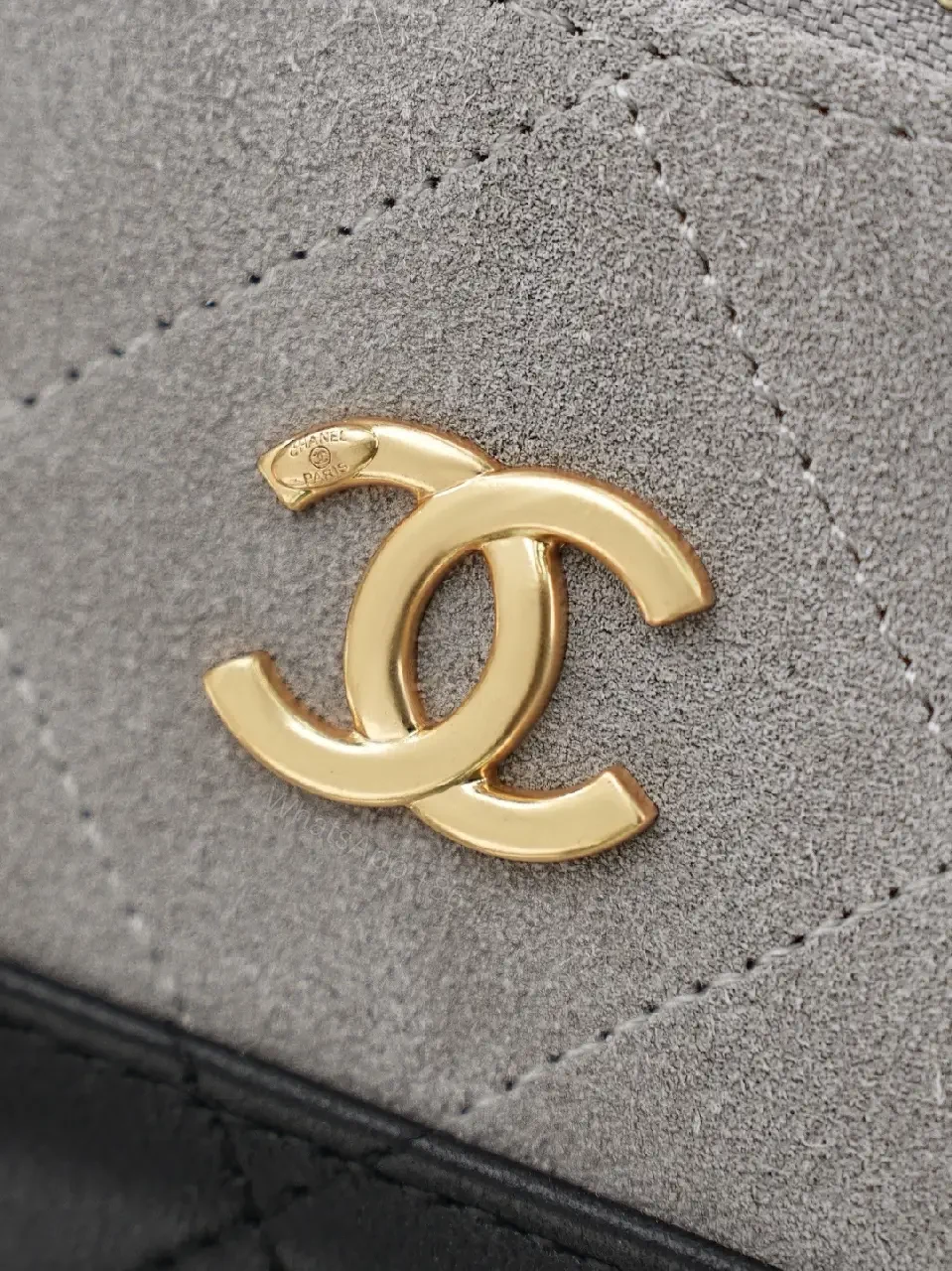 View 6 of Suede-like Gray Mini Handbag with Gold Accent