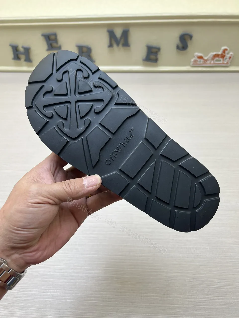 View 9 of Chic Faux-Leather Slide Sandals with Gold Logo Comfort