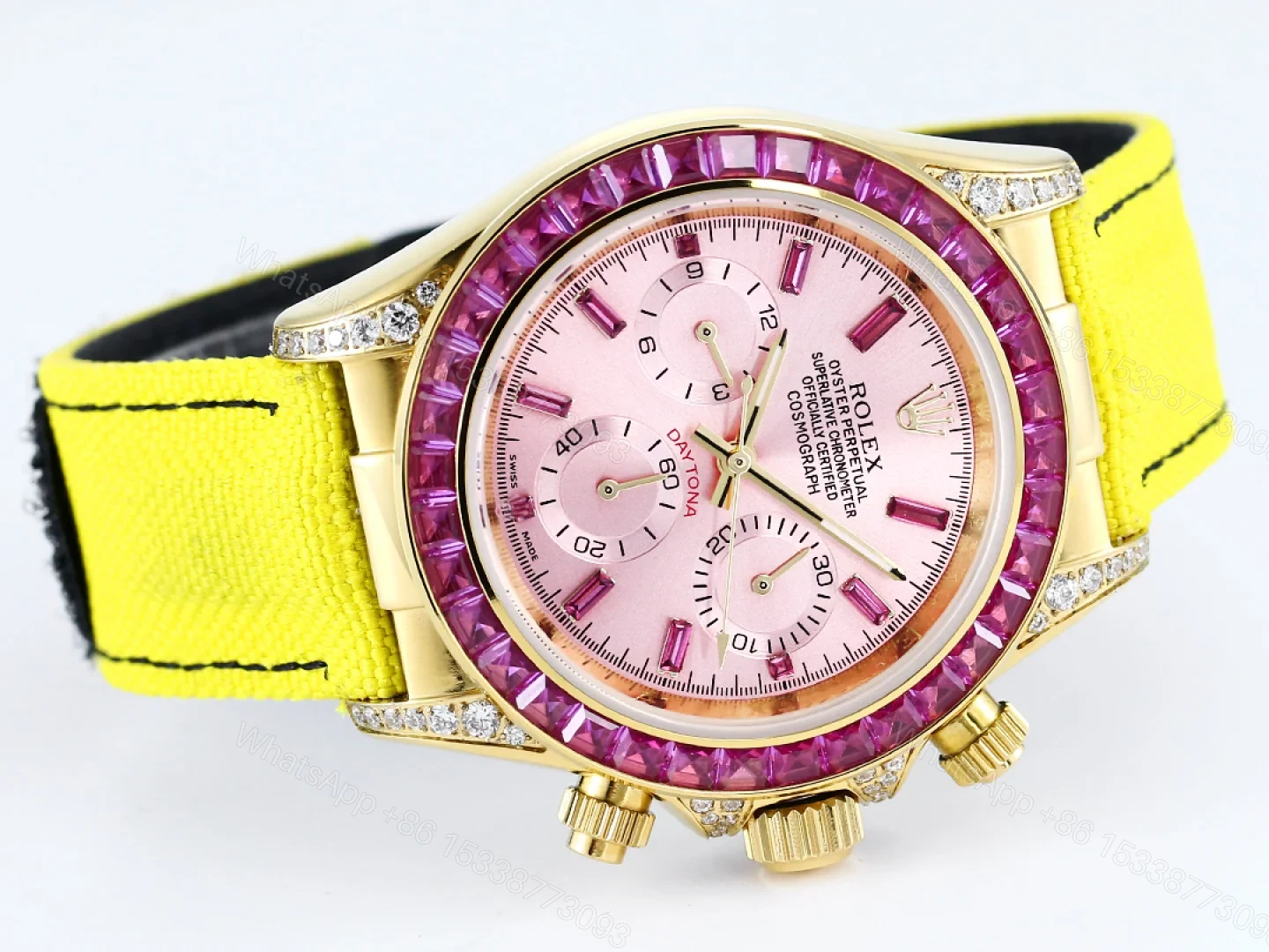 View 3 of Rolex Daytona Pink Ruby Yellow Strap Replica 43MM Exclusive Gold Case Edition RG-ROLEX-DAYTONA-PINK-RUBY-YELLOW-43