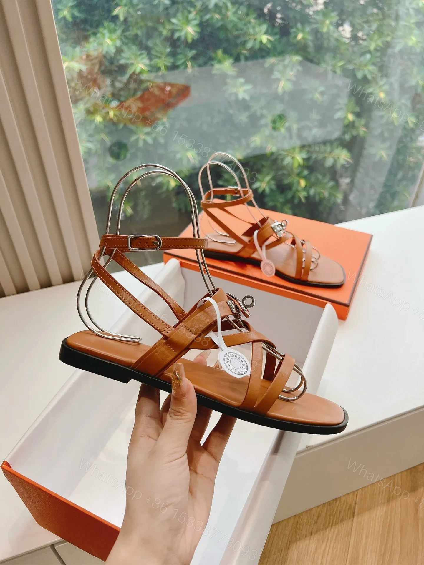 View 5 of Hermes Women Tan Leather Strappy Sandals