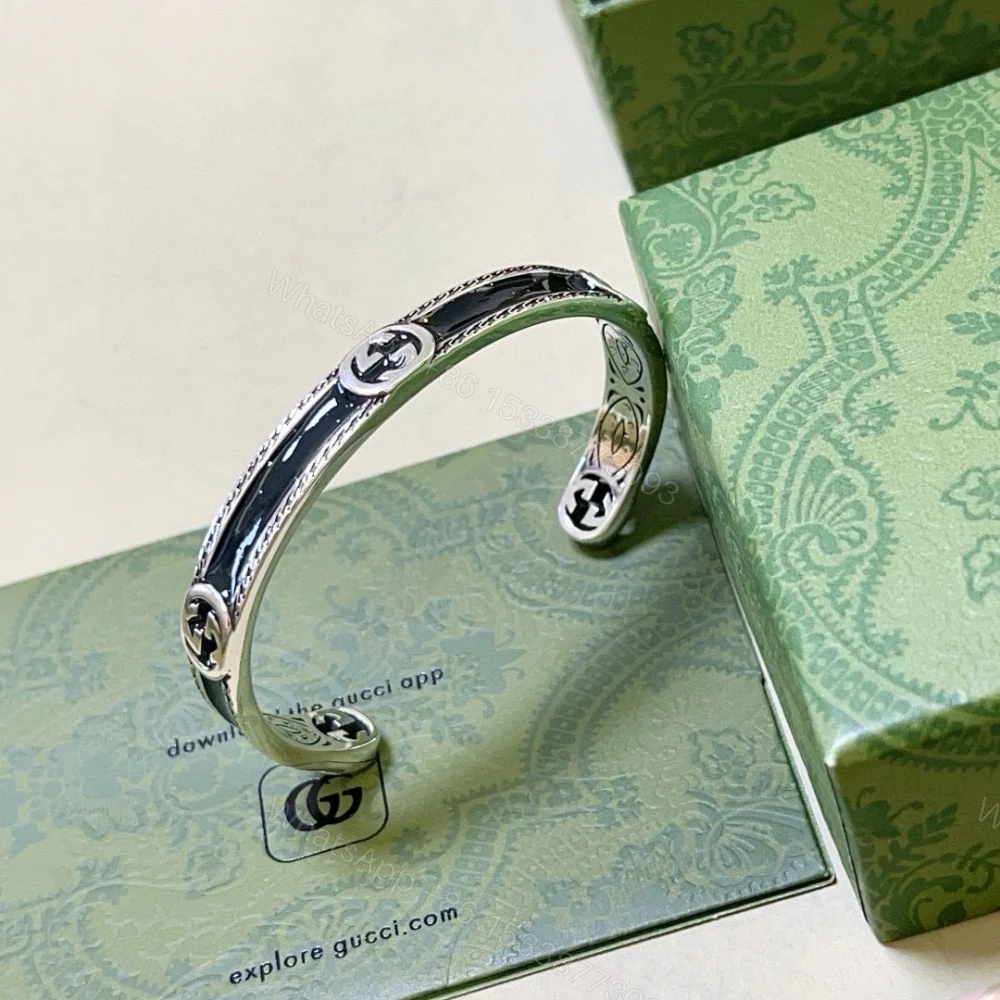 View 5 of GUCCI CUFF BRACELET INTERLOCKING GG STERLING SILVER BLACK ENAMEL