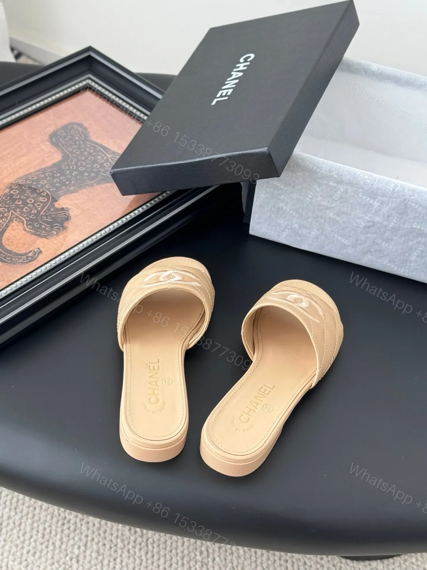 View 5 of Chanel Women Beige Quilted Leather Slides