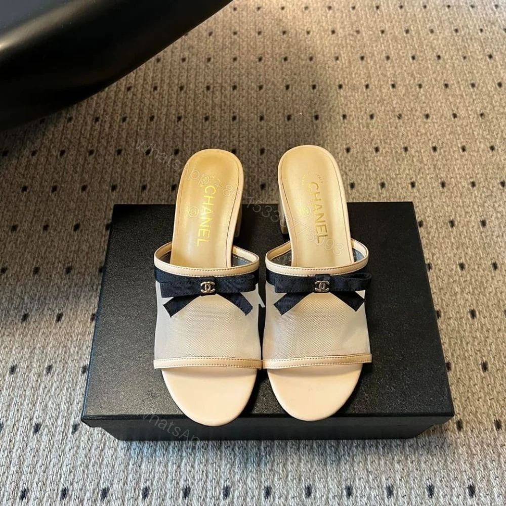 View 2 of Chanel Mesh Bow Block Heel Mules Beige And Black