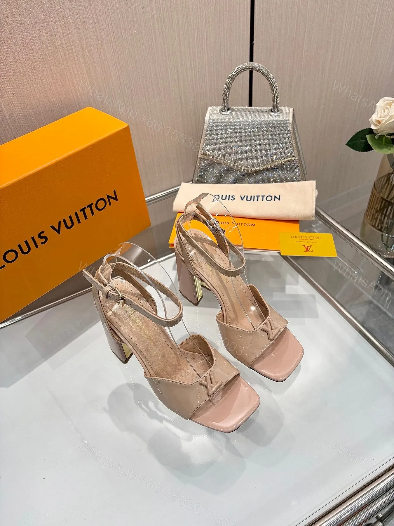 View 3 of LV Women Nude Patent Leather Block Heels