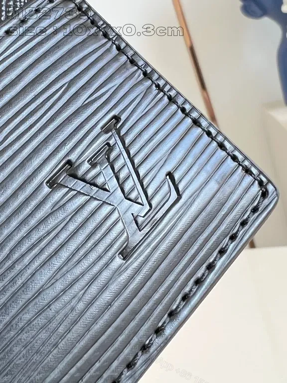 View 7 of Compact Black Textured Wallet with LV-Style Logo Details