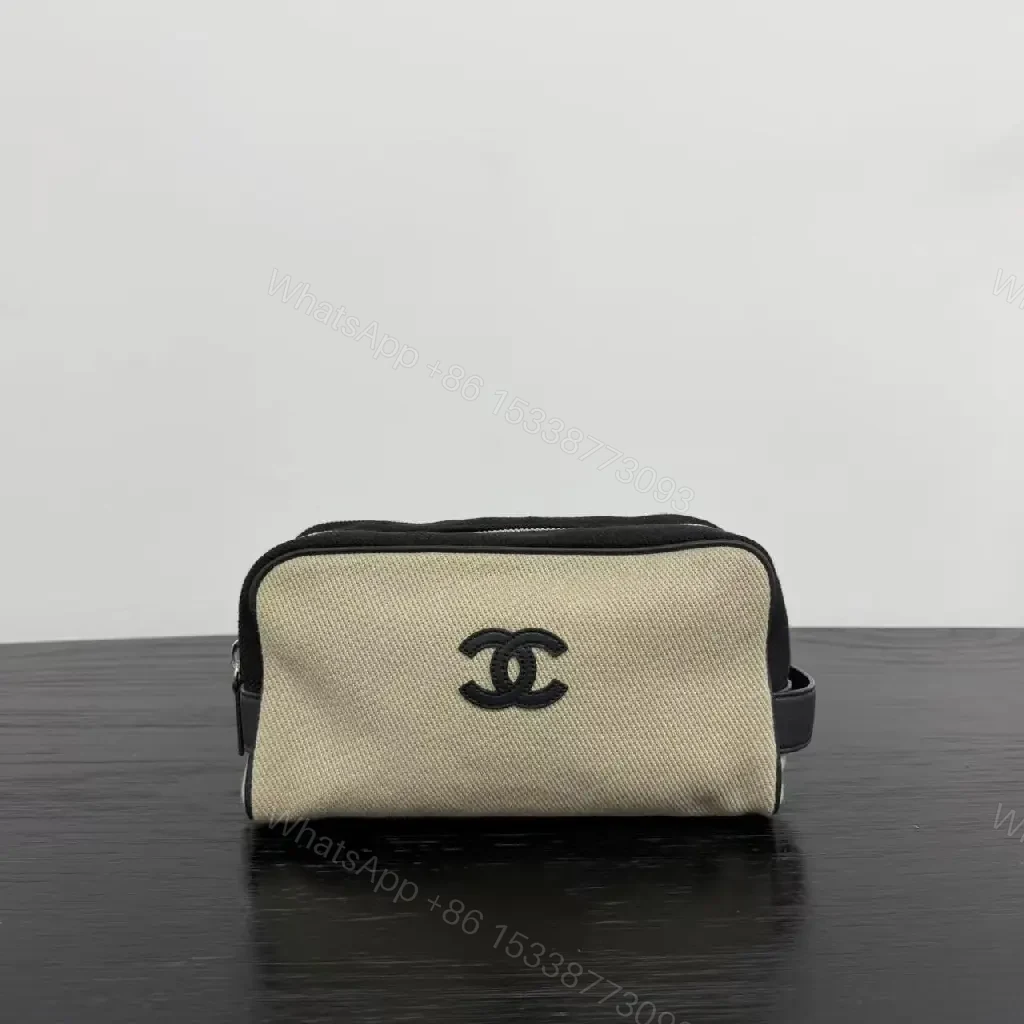 View 9 of Beige Canvas Pouch - Black Trim, Logo, Wrist Strap, Compact