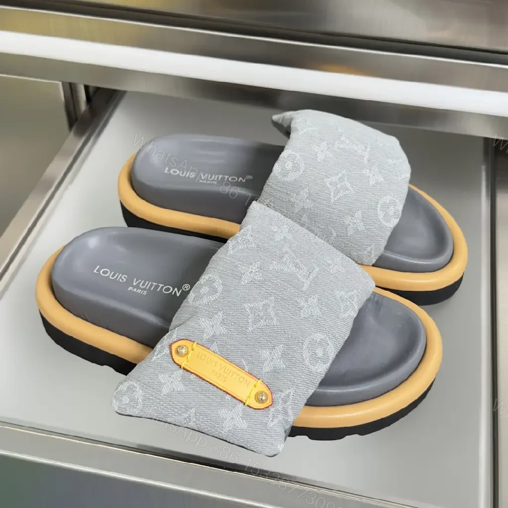 View 4 of Soft Denim Monogram Slides with Leather Accent — Everyday Luxury
