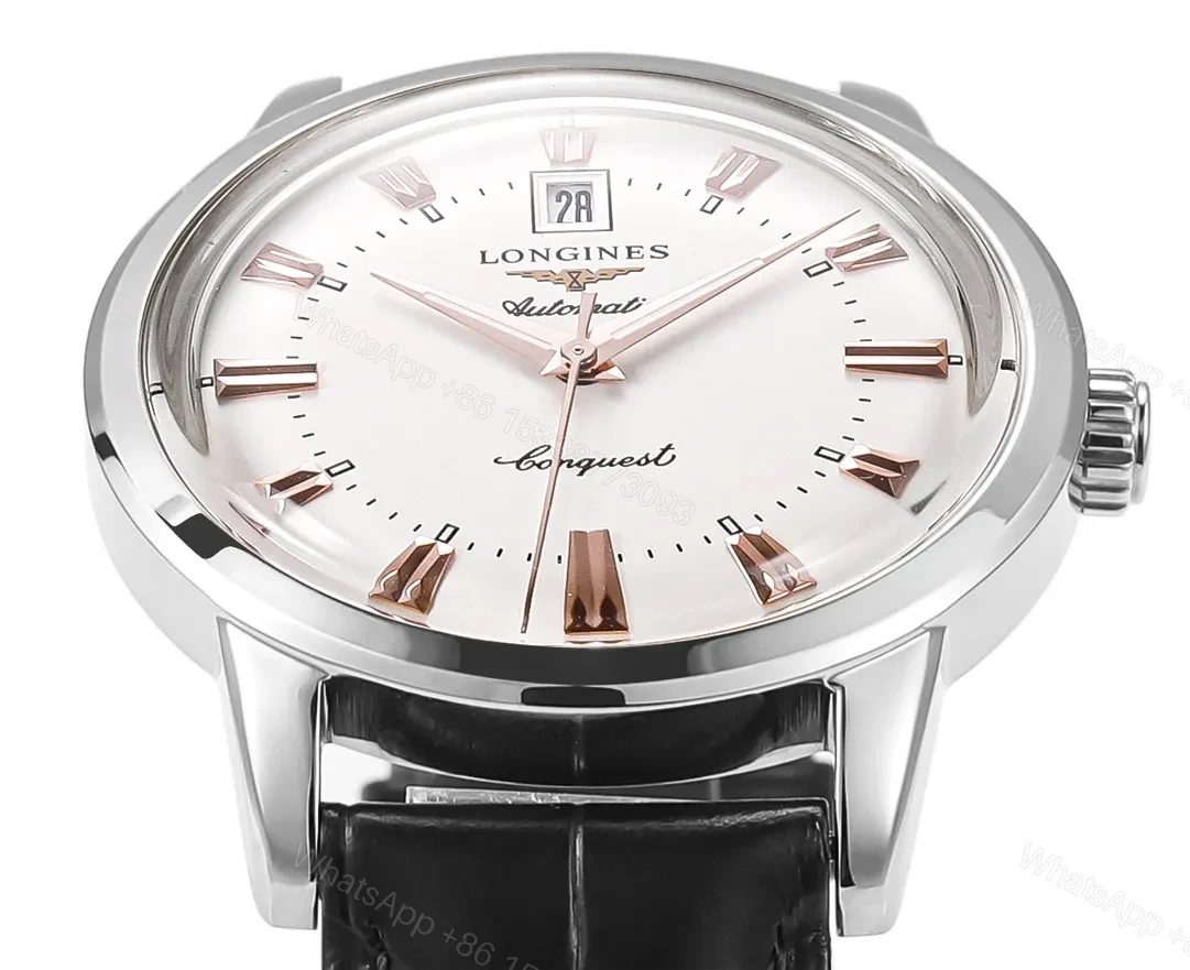 View 2 of Longines Conquest Classic Re Edition Cyclops Watch Silver Dial Black Leather Strap 40mm Case Automatic Movement