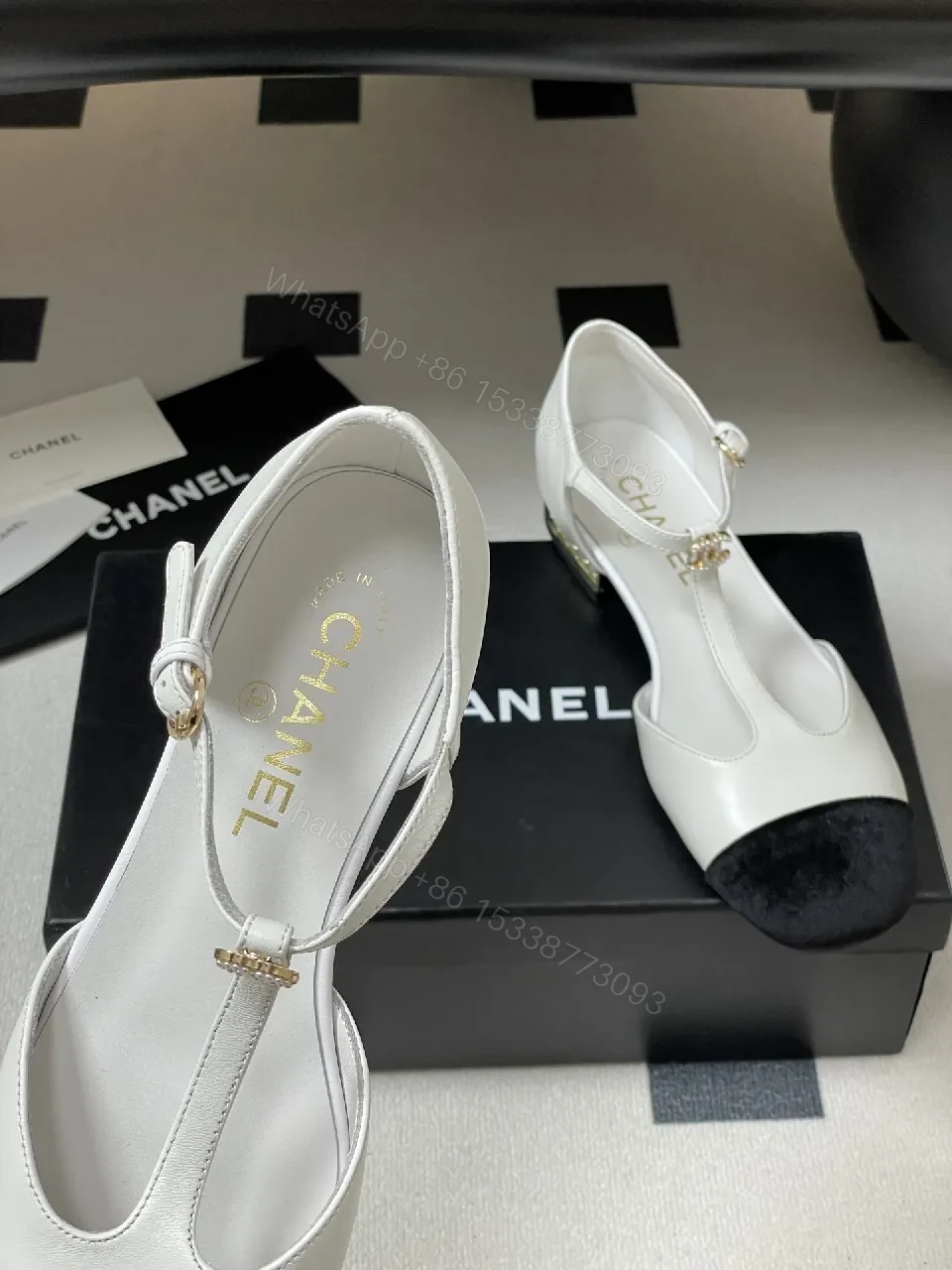 View 3 of White & Black T-Strap Pumps with Pearl Buckle – Luxe Two-Tone Heels