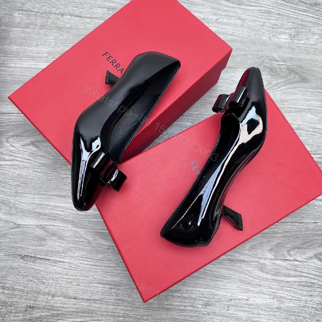 View 3 of Glossy Patent Pumps with Bow Detail, Black, 2.5" Heel