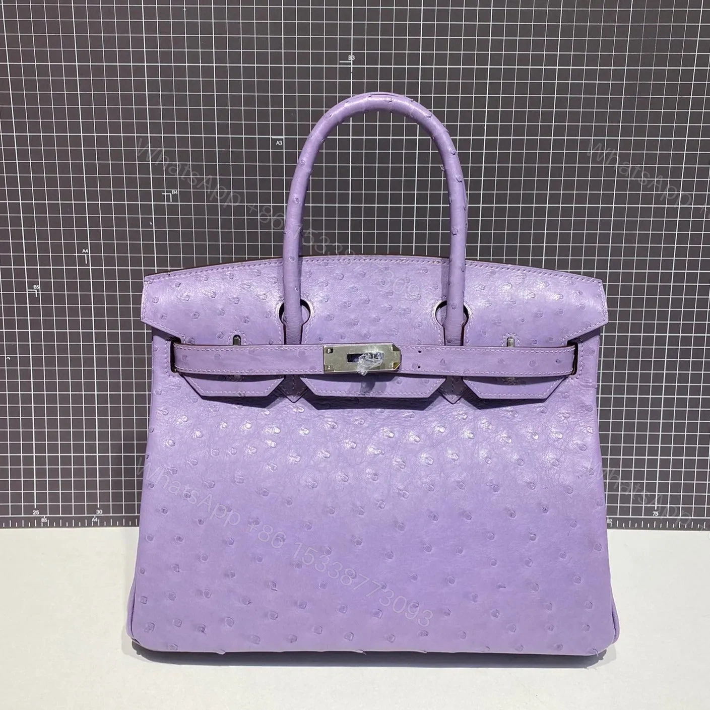 HN 30CM PURPLE OSTRICH LEATHER SILVER HARDWARE — view 1