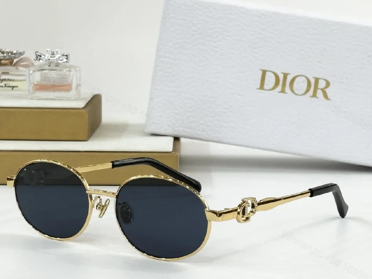 View 8 of Elegant Gold Round Sunglasses with Dior Pattern Monogram