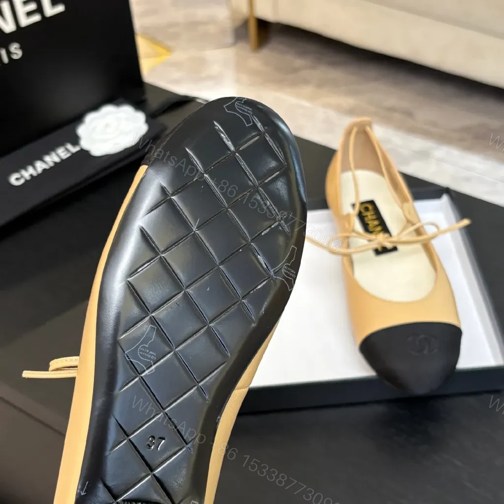 View 8 of Tan Leather Ballet Flats – Black-Tipped, Bow Accent, Cushioned Comfort